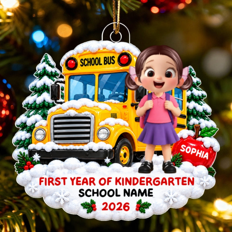 First Year Of Kindergarten School Bus - Personalized Acrylic Ornament - Christmas Gift For Kindergarten Boy Girl, Grandkids