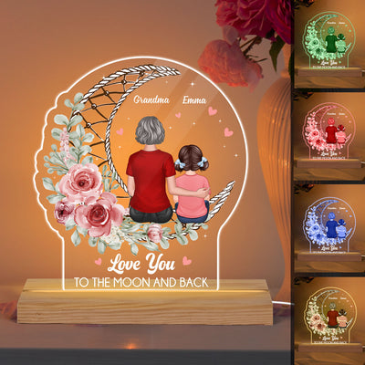 Love To The Moon Mom Grandma Back View On Moon & Flowers Personalized Custom Shaped Acrylic Plaque With LED Night Light