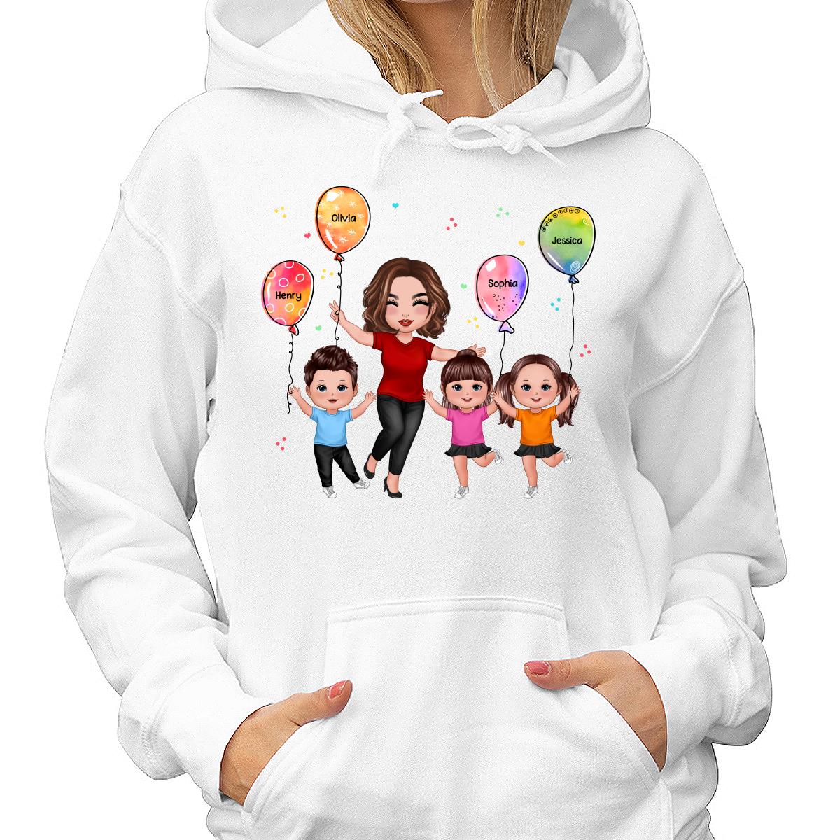 Happy Doll Grandma Mom & Doll Kids Holding Balloons Personalized Shirt