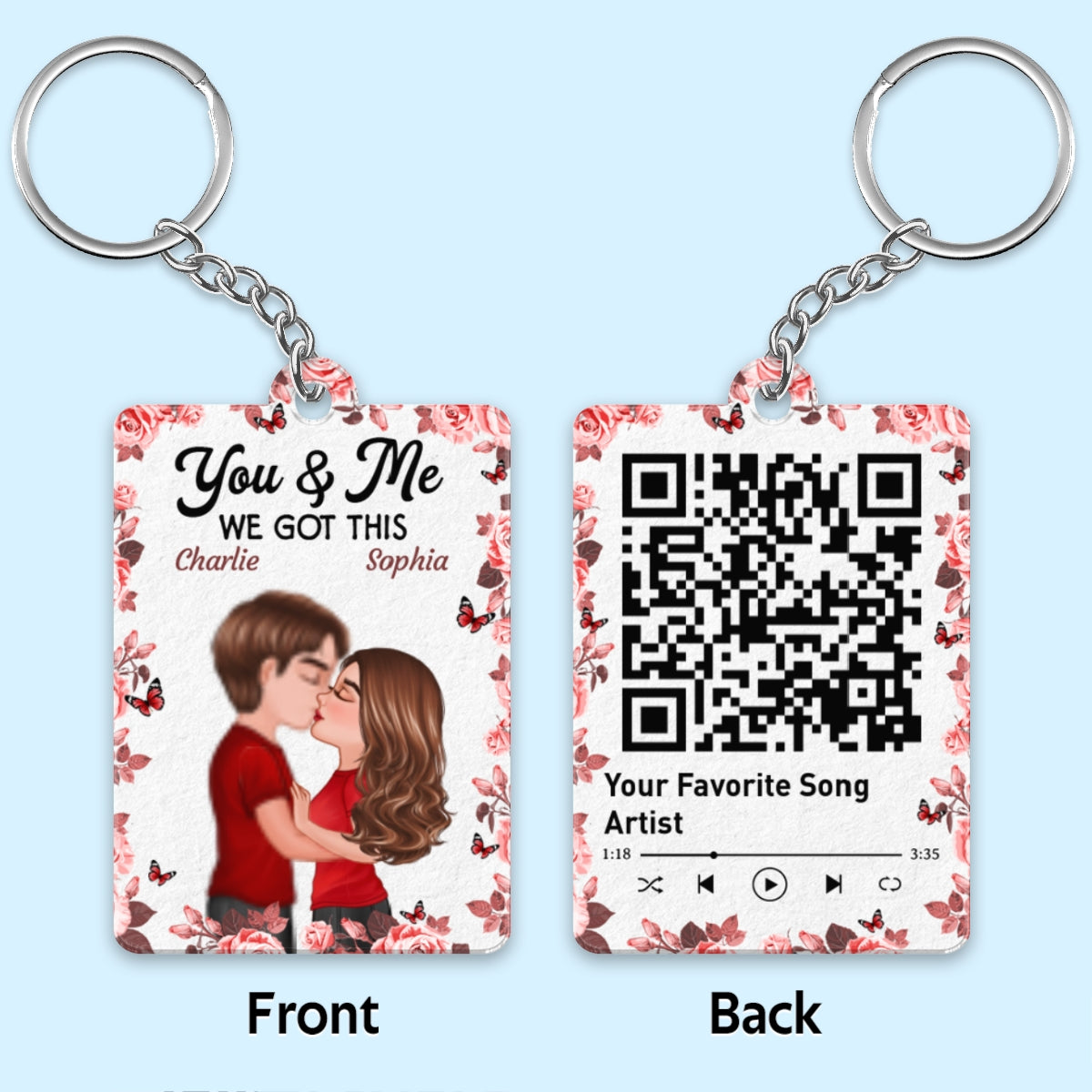 Rose Frame Doll Couple Kissing Favorite Song QR Code Personalized Acrylic Keychain