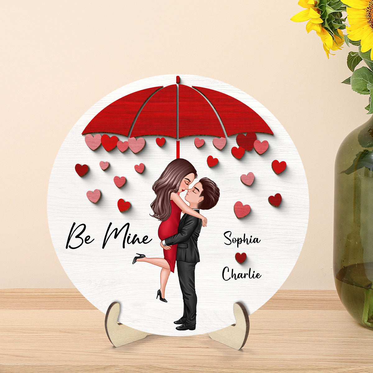 Be Mine Couple Kissing Under Umbrella Personalized 2-layer Wooden Plaque