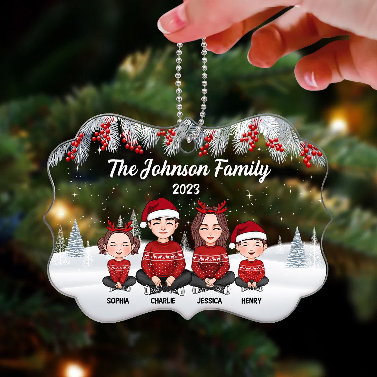 Cute Family Sitting In Snow Personalized Acrylic Ornament