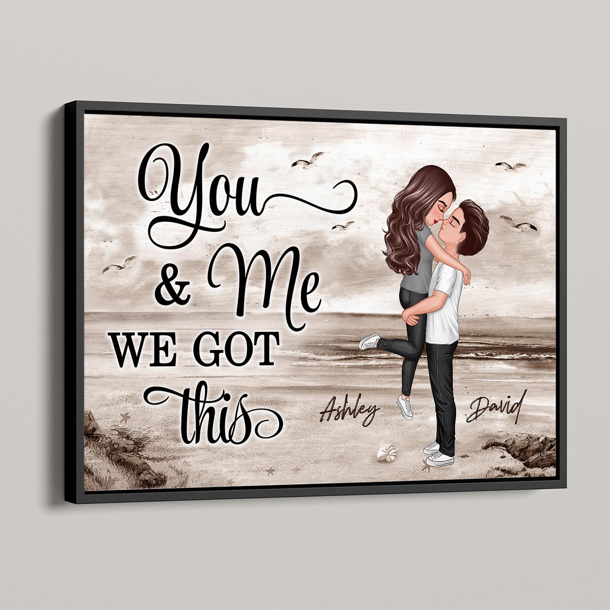 Retro Vintage Couple Hugging Kissing Beach Landscape Personalized Horizontal Poster