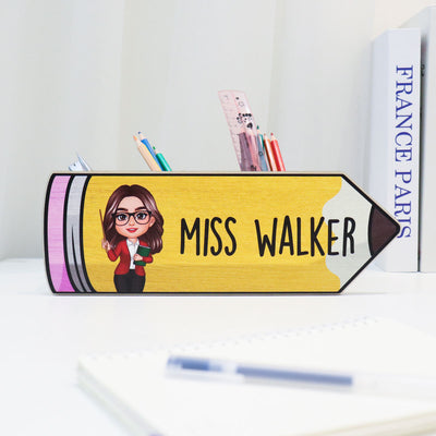 Happy Doll Teacher Personalized Wooden Pen Pencil Holder, Back To School Gift