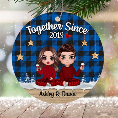 Checkered Pattern Doll Couple Sitting Personalized Wooden Ornament