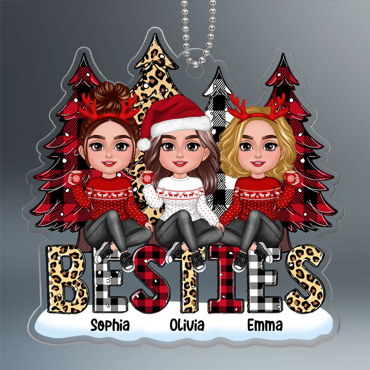 Doll Besties Sisters Sitting On Leopard Checkered Pattern Christmas Tree Personalized Acrylic Ornament