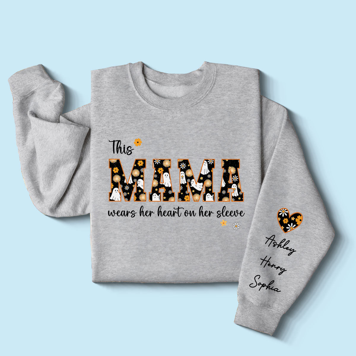 Halloween This Mama Wears Her Heart on Her Sleeve Personalized Sleeve Printed Sweatshirt