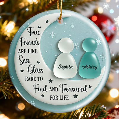 3D Sea Glass Effect Besties On Moon - Personalized Ceramic Ornament With Acrylic Pieces - Unique Gift For Best Friends