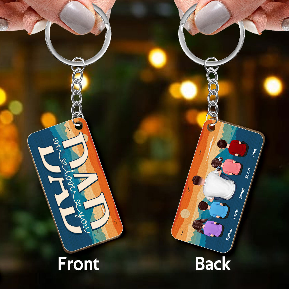 Best Dad Ever Mountain Retro Pattern Back View Man & Kids Personalized Wooden Keychain