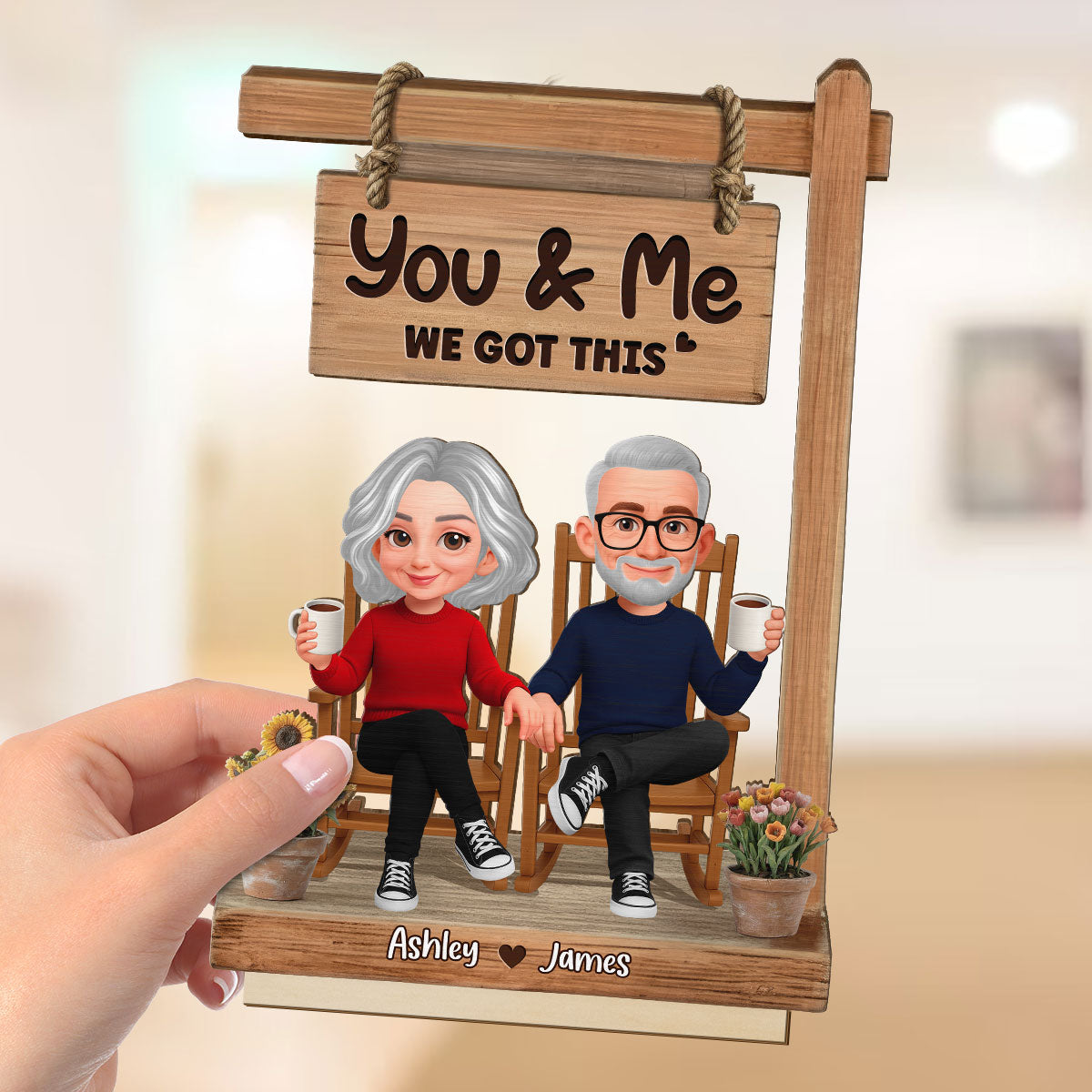 3D Effect Old Couple Sitting Together - Personalized 2-Layered Wooden Plaque - Anniversary, Valentine's Day Gift For Him, Gift For Her