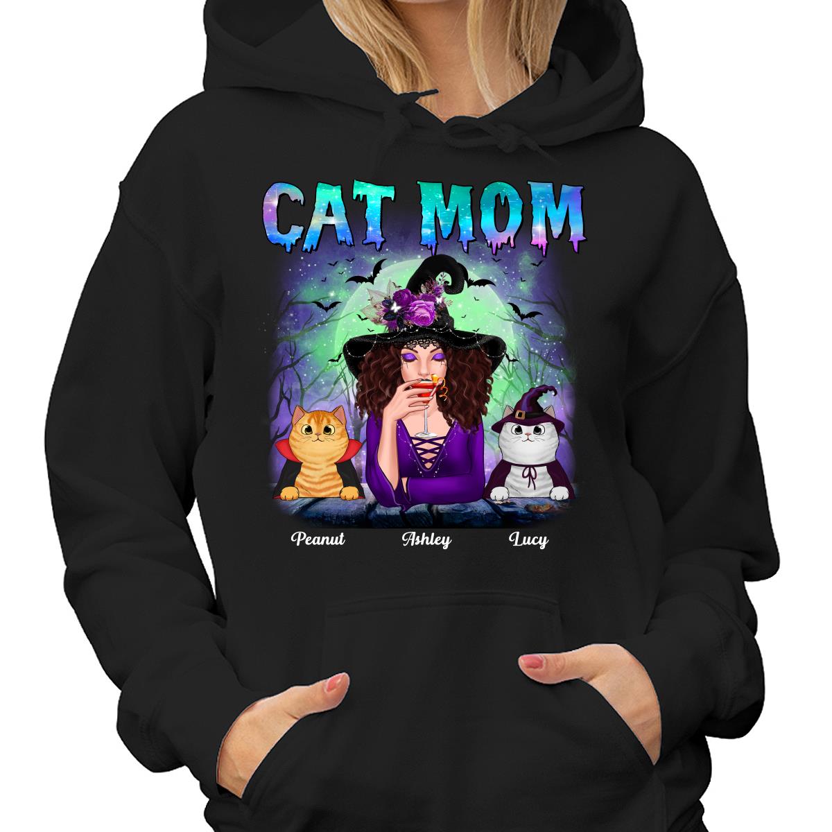 Halloween Neon Green And Purple Cat Mom Witch Personalized Shirt