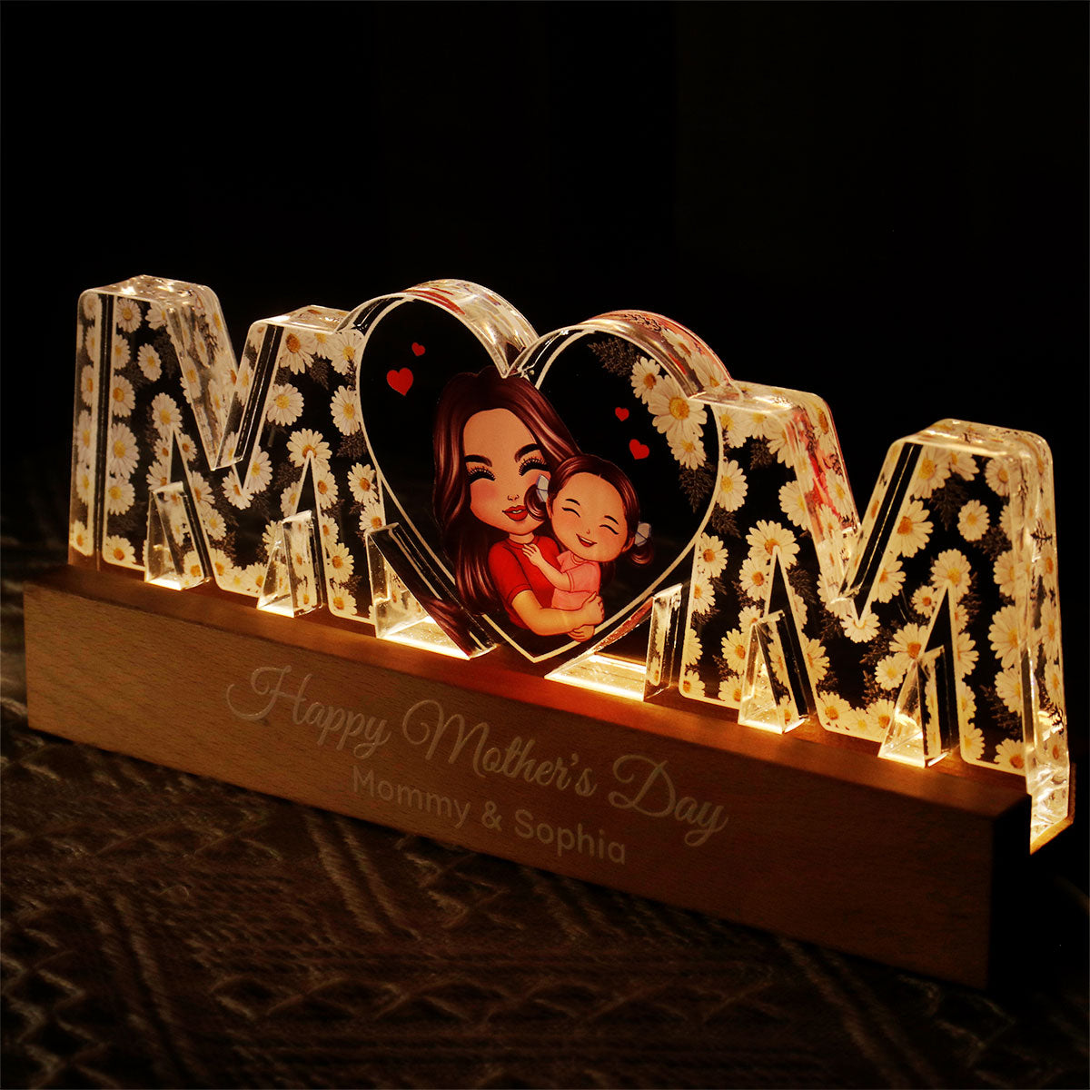 MOM Flowers Mom Hugging Kid Personalized LED Night Light, Gift For Mom