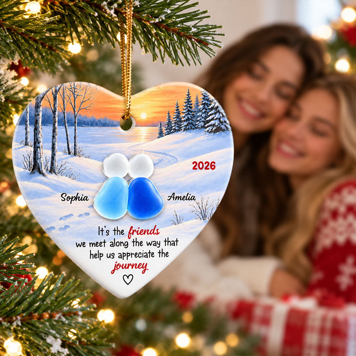 Friends Along The Way Winter Sunset Heart - Personalized Ceramic Ornament With Acrylic Pieces - Christmas Gift For Best Friend, Bestie, Soul Sister, Friendship Keepsake