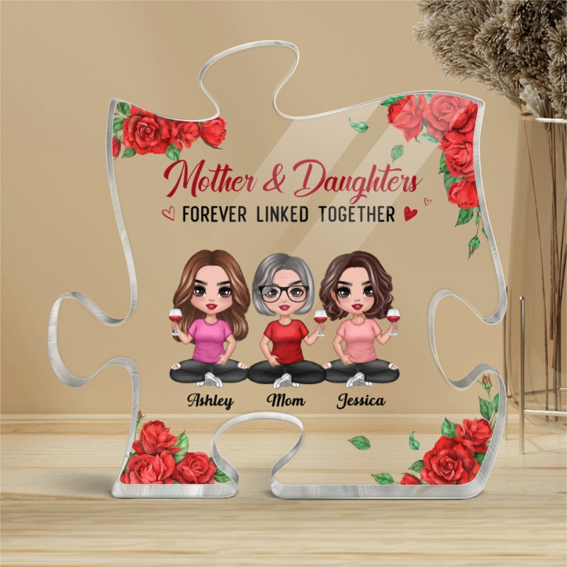 Rose Pattern Doll Mom And Daughters Sitting Gift For Mom Personalized Puzzle Acrylic Plaque