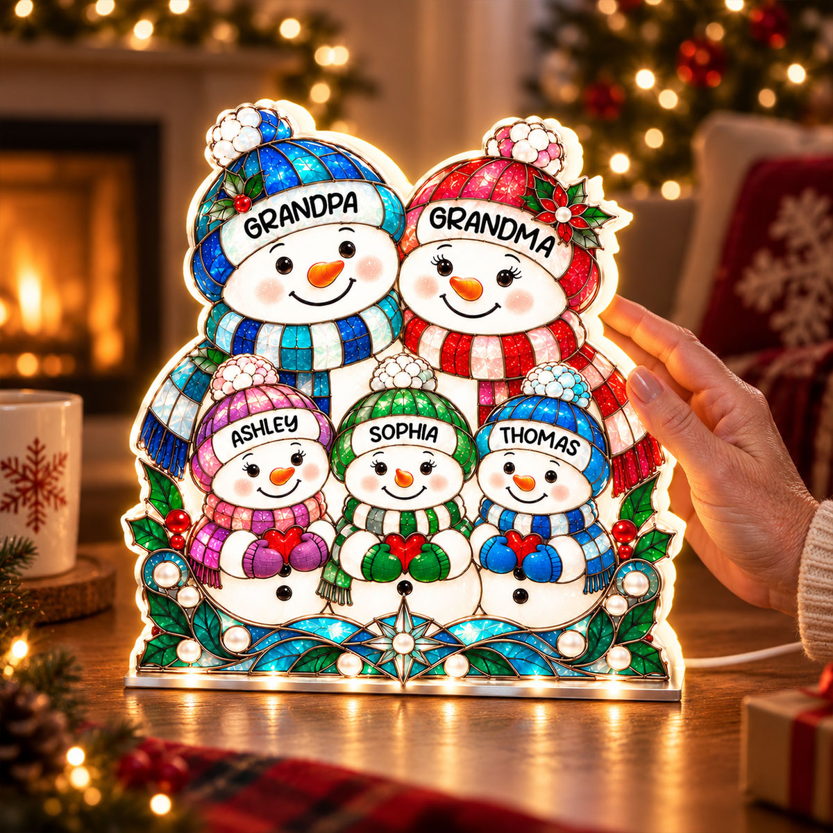 Cute Snowman Grandparents & Grandkids Stained Glass Style 2D Flat Printed - Personalized Light Box - Christmas Decor For Family, Grandma, Grandpa