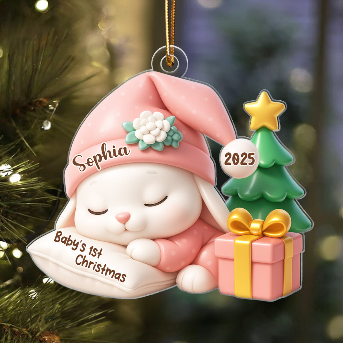 Baby's 1st Christmas Sleeping Bunny in Soft Pajamas Personalized Acrylic Ornament, Christmas Keepsake for New Mom, Dad