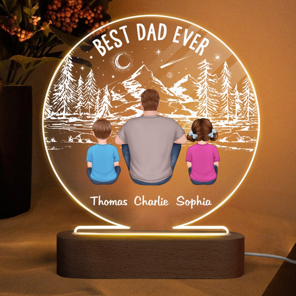 Best Dad Ever Mountain Forest Personalized Circle LED Night Light