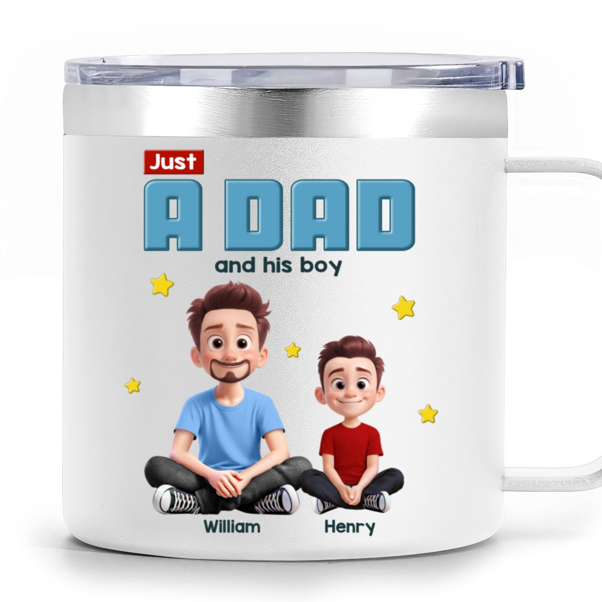 Just A Dad And His Kids Cartoon Funny Style Personalized Stainless Steel Tumbler With Handle, Gift For Dad
