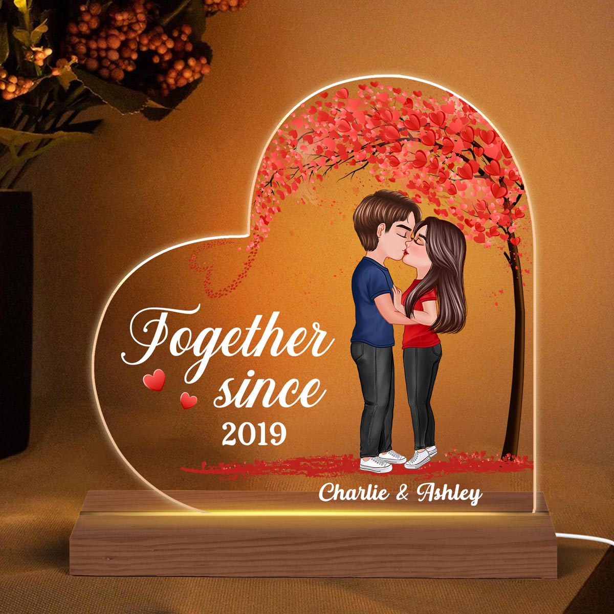 Couple Kissing Under Heart Tree Personalized Custom Shape LED Night Light