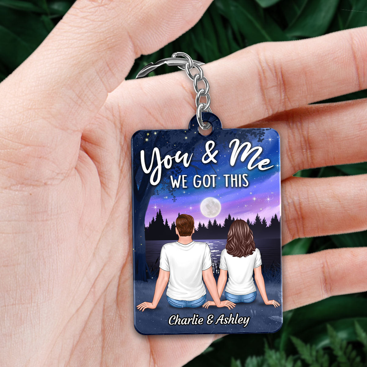 Doll Couple Sitting Lake Night Sky Favorite Song QR Code Personalized Acrylic Keychain