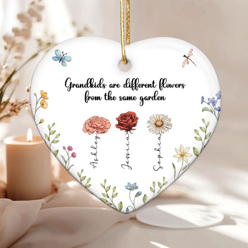 Grandkids Are Different Flowers from the Same Garden Personalized Heart Ornament, Gift for Grandma