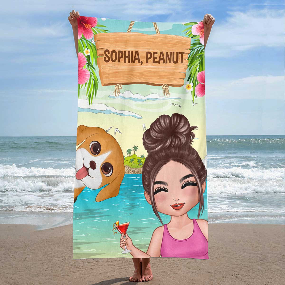 Doll Woman And Watercolor Cute Dogs Summer Personalized Beach Towel