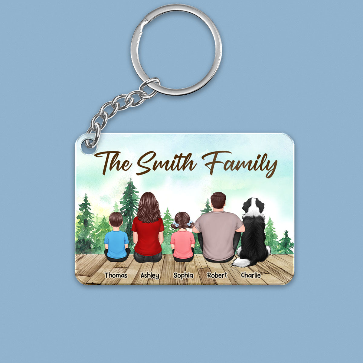 Whole Back View Family Couple Dad Mom Kids Dogs Cats Sitting Forest Personalized Acrylic Keychain