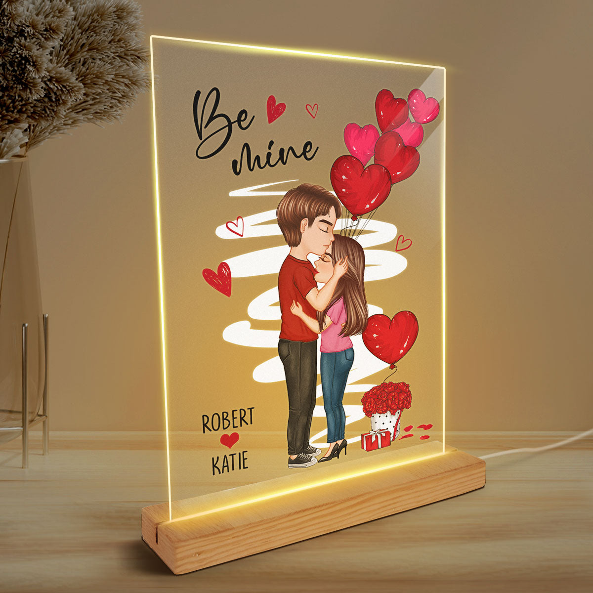 Be Mine Doll Couple Kissing On Forehead Personalized Plaque LED Night Light - Gift For Him Gift For Her