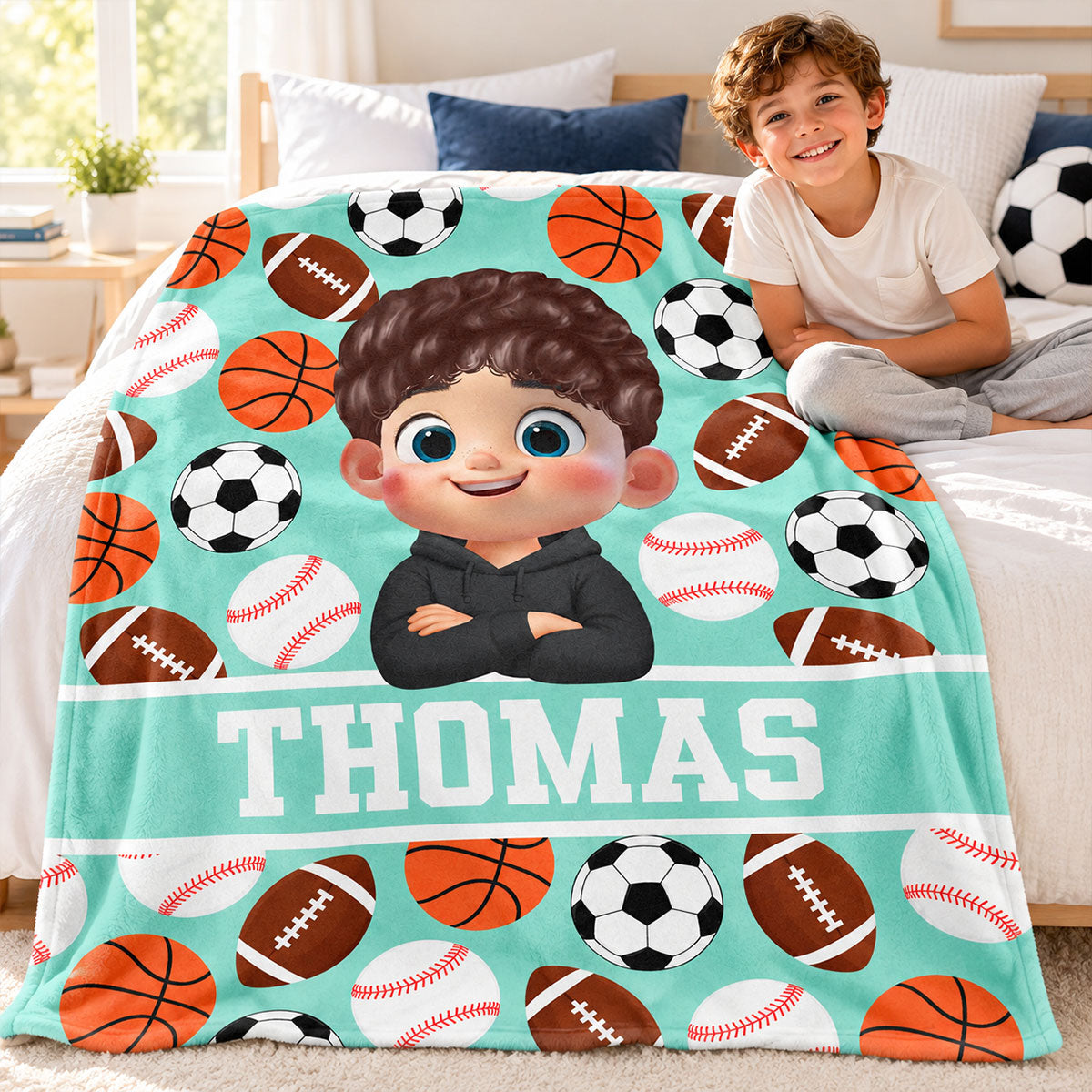 Multiple Sports Lovers Boy Girl Custom Name - Personalized Fleece Blanket - Christmas Gift For Kids Sport Lovers, Grandson, Son, Granddaughter, Daughter