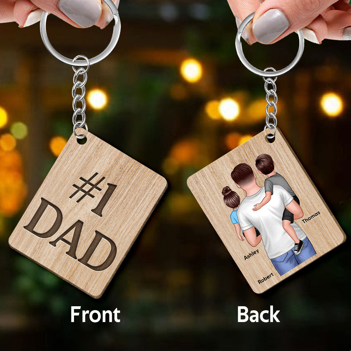 Dad Holding Kids Back View Personalized Wooden Keychain