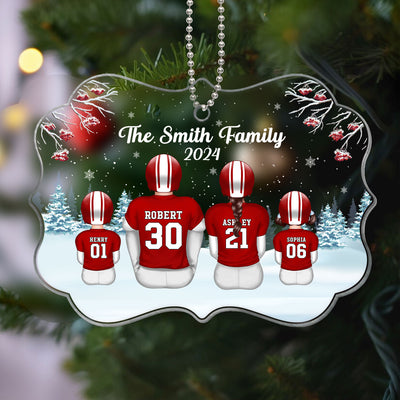 Football Family Sitting In Snow Personalized Acrylic Ornament, Christmas Gift