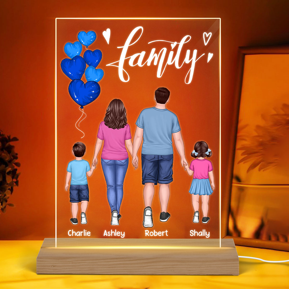 Family Walking Back View Balloons Personalized Rectangle Acrylic Plaque LED Lamp Night Light