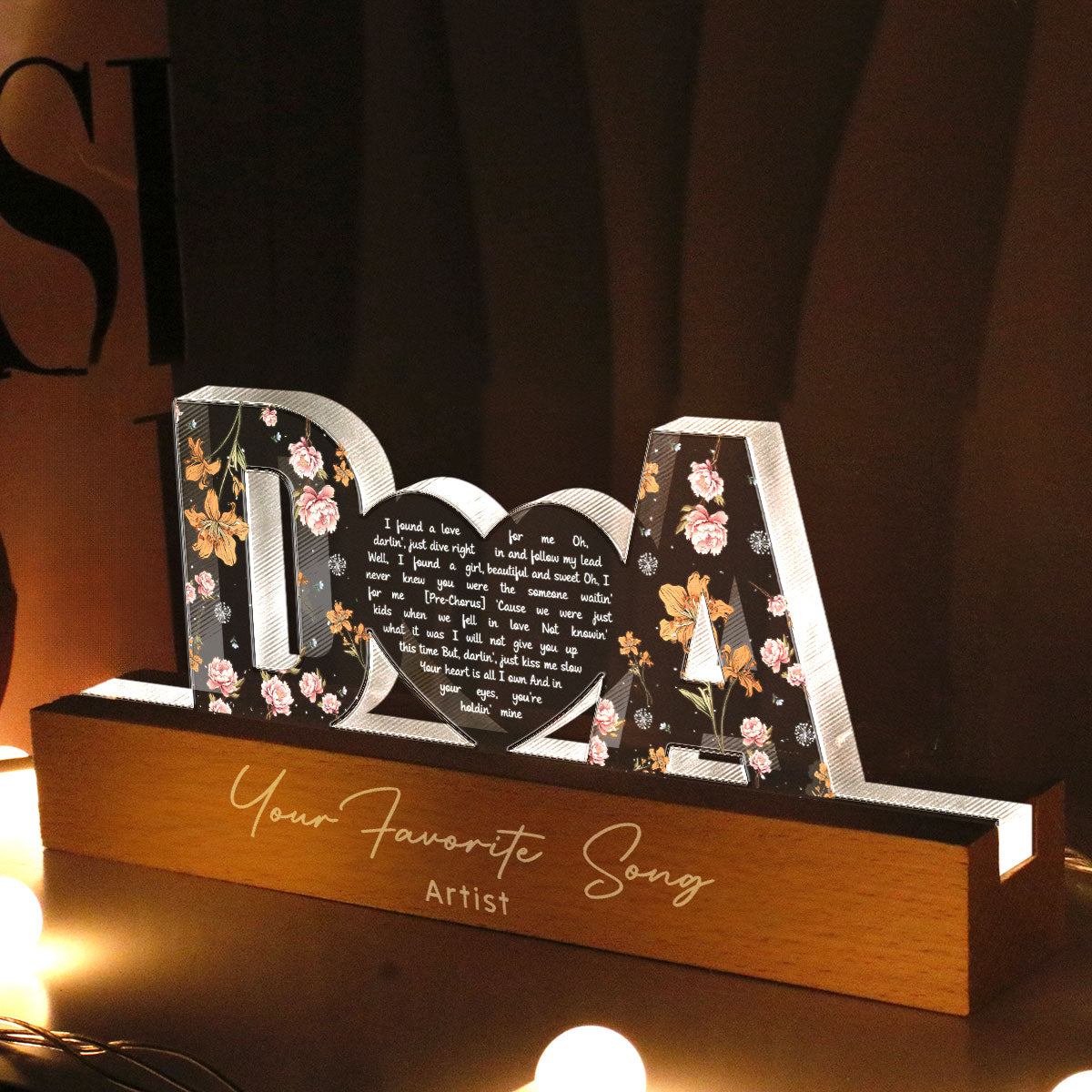 Vinyl Heart Shaped Lyrics Couple Song Custom Flower Printed LED Night Light,  Gift for her, Gift for him