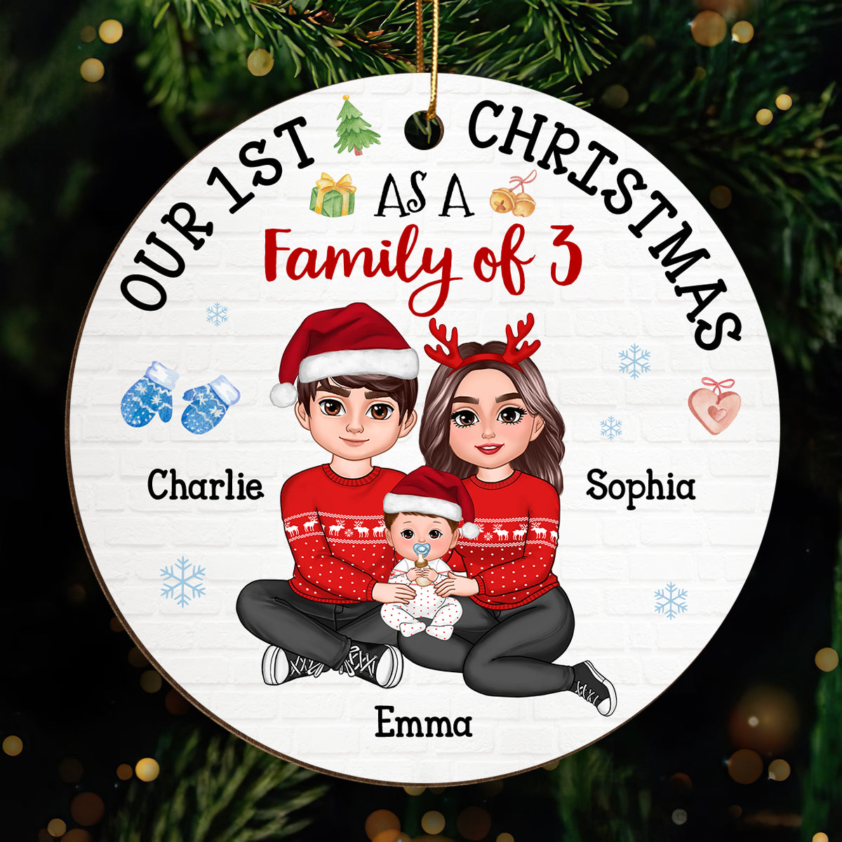 Our First Christmas As Family Of 3 Embracing Sitting Family Personalized Wooden Ornament