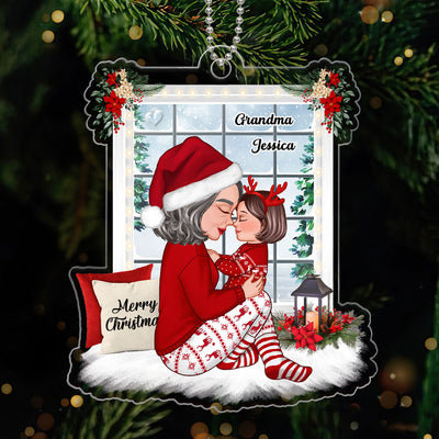 Grandma Holding Kid Side View Sitting By Christms Window Personalized Acrylic Ornament