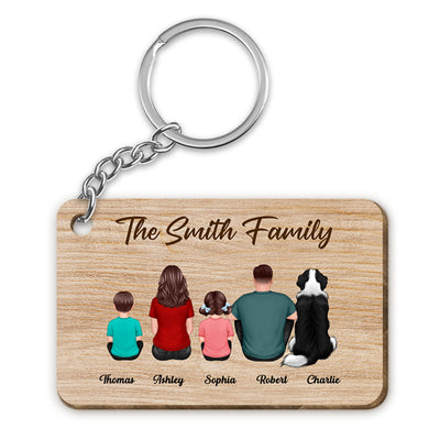 Whole Back View Family Couple Dad Mom Kids Dogs Cats Personalized Wooden Keychain