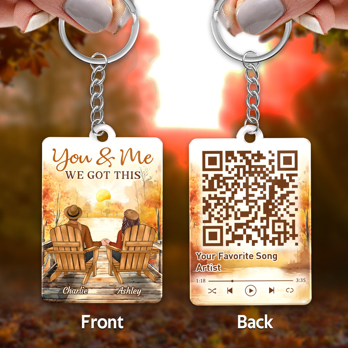 Couple Back View Lake Fall Season Favorite Song QR Code Personalized Acrylic Keychain