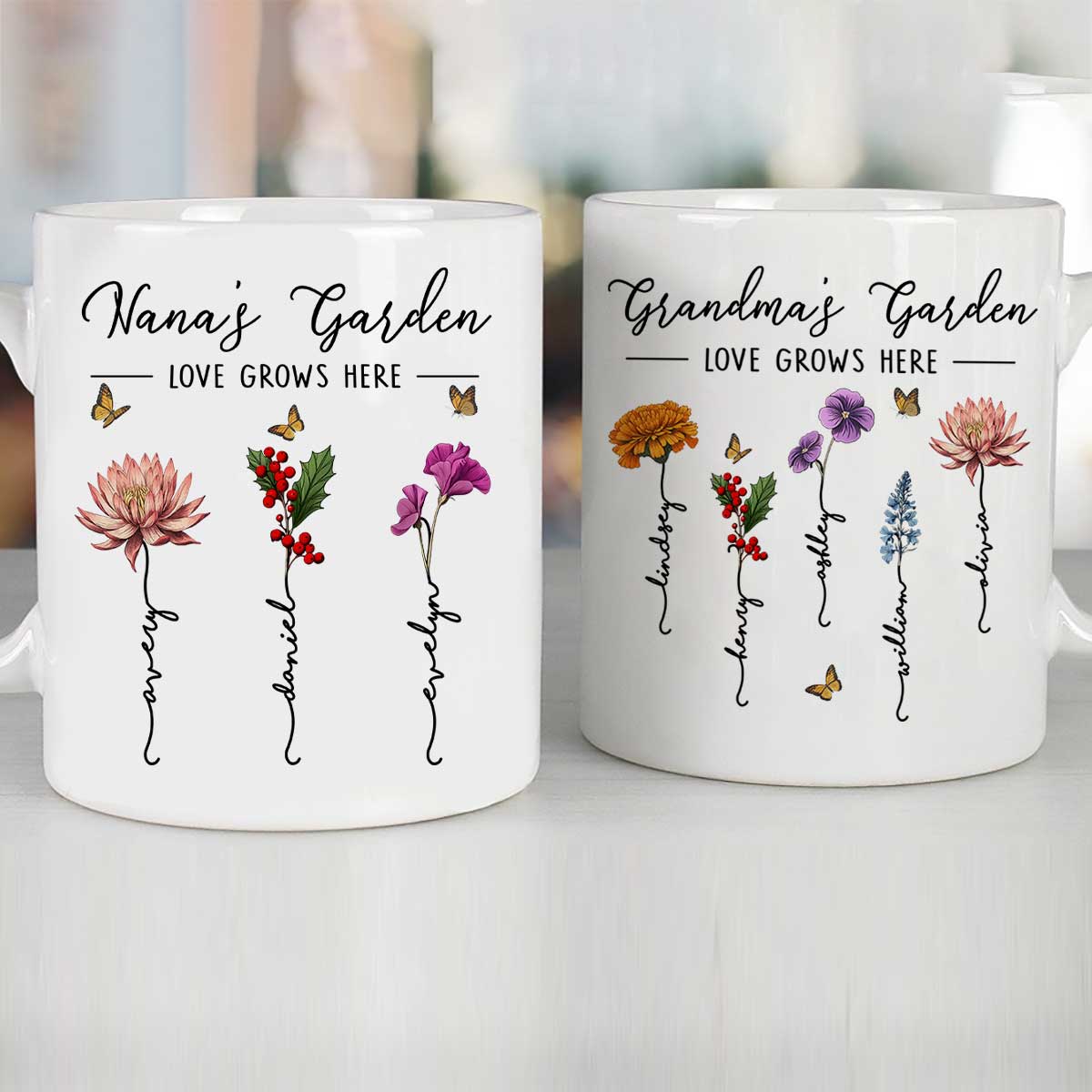 Grandma‘s Garden Love Grows Here Beautiful Birth Month Flower Gift For Grandma Mom Personalized Mug