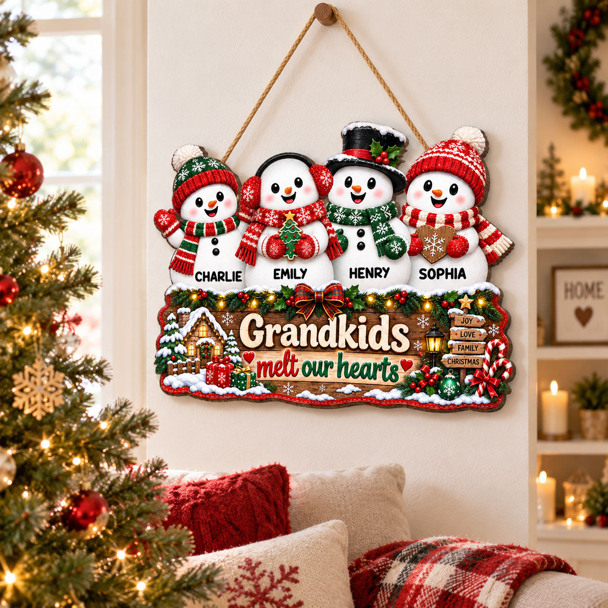 Christmas Snowman Grandkids Melts Our Hearts - Personalized Wood Sign - Christmas Decor, Door Sign For Grandparents