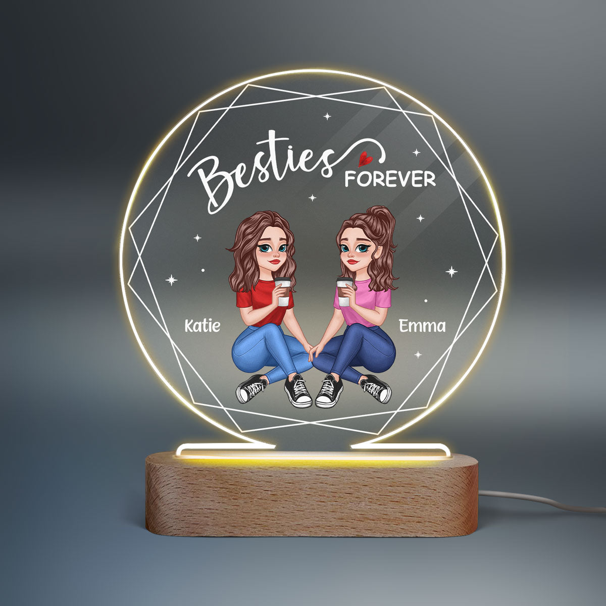 Hexagon Frame Pretty Cartoon Besties Sitting Sisters Forever Personalized Circle Acrylic Plaque With LED Night Light