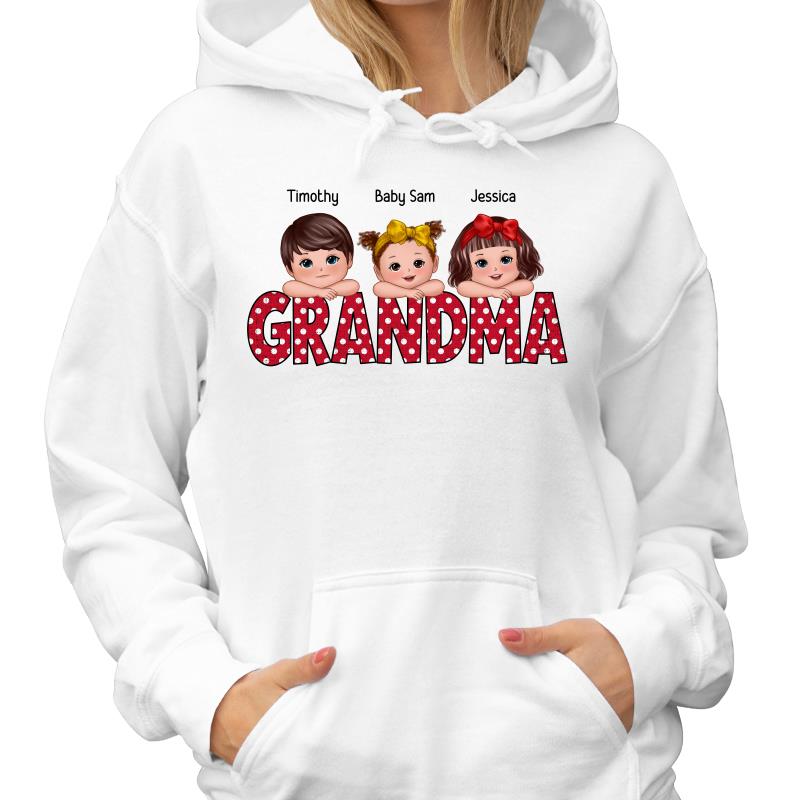 Polka Dot Grandma Cute Grandkids Laying Head On Arms Personalized Shirt