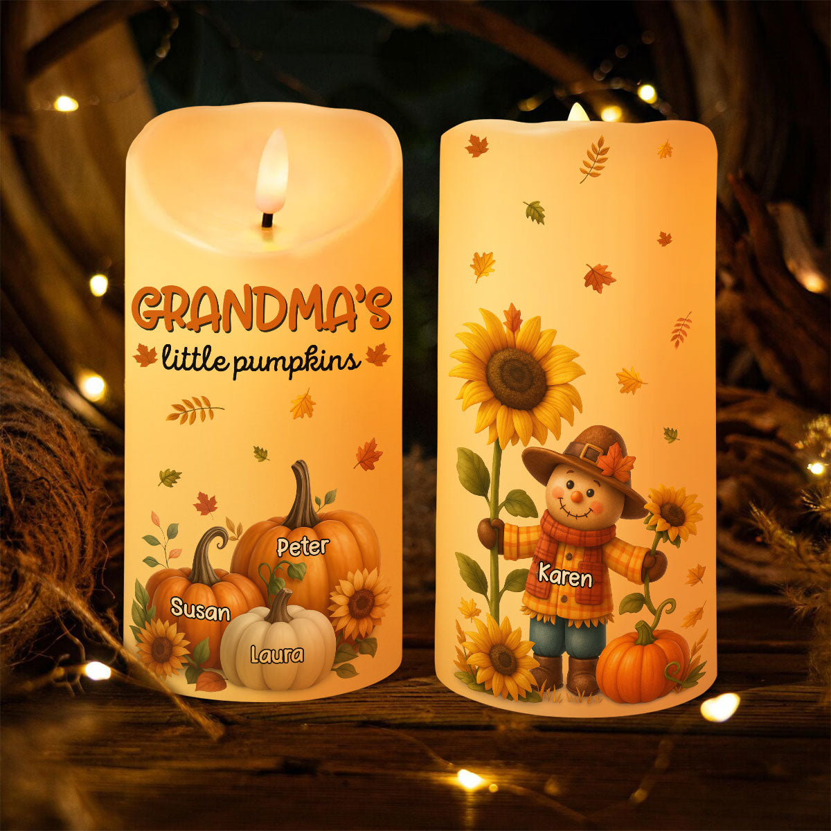 Grandma's Pumpkin Patch Scarecrow Personalized LED Candle, Cozy Fall Decor for Grandma
