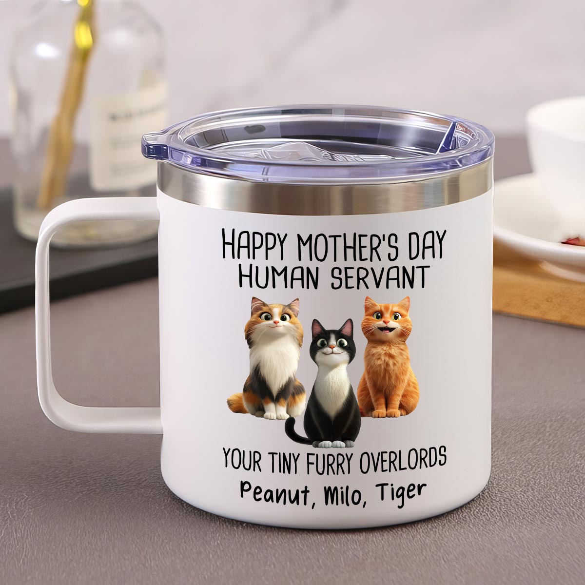 Happy Mother's Day Father's Day Human Servant Cartoon Funny Cats Personalized Stainless Steel Tumbler With Handle