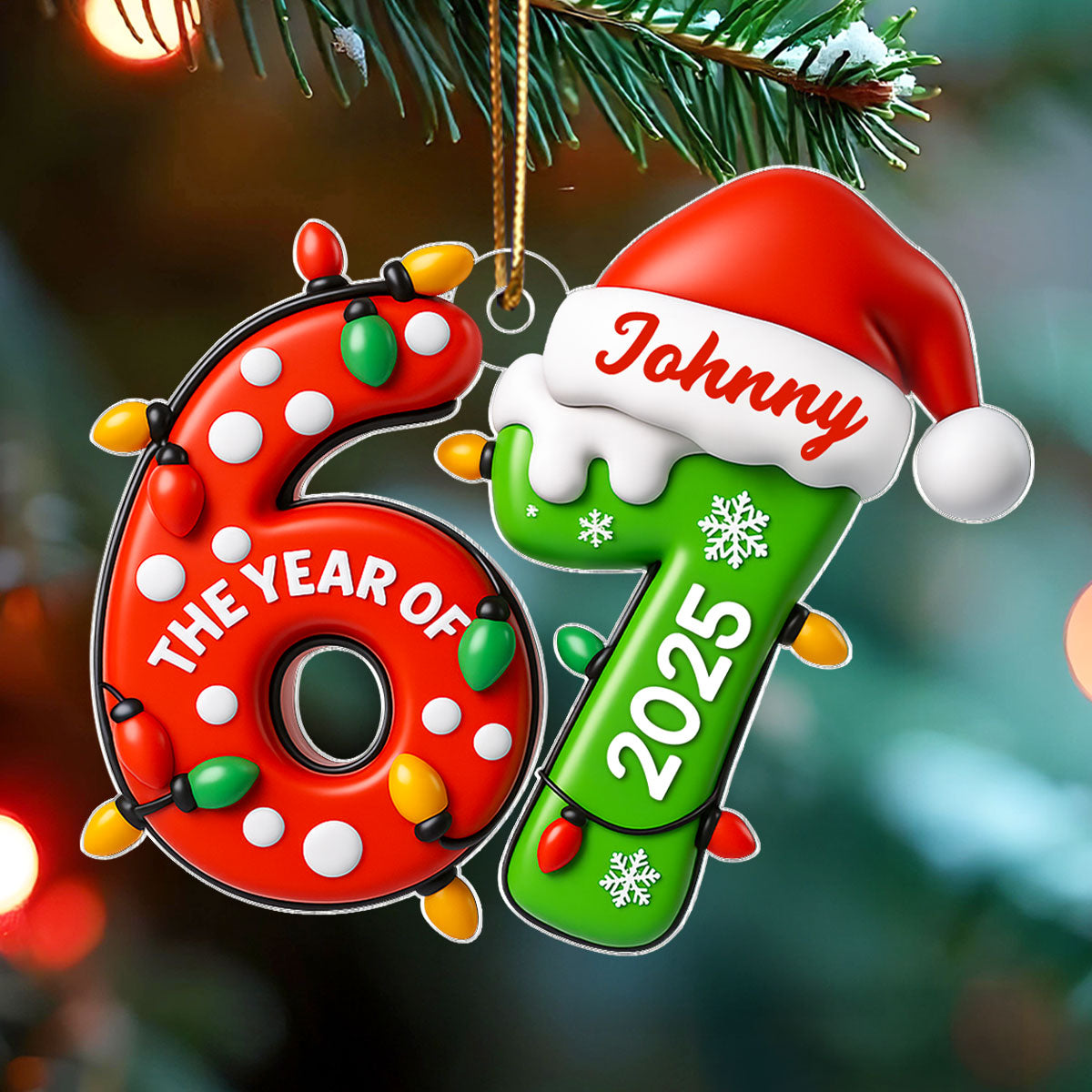 Lights and Santa Hat Six Seven - Personalized Acrylic Ornament - Fun Christmas Decoration, Christmas Gift For Teen, Grandkid, Gen Alpha
