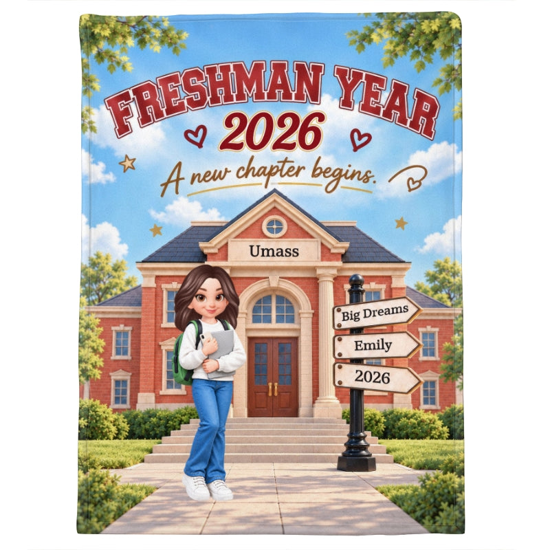Freshman Year Campus A New Chapter Begins - Personalized Fleece Blanket - Christmas Gift, Back to School Gift for College Students