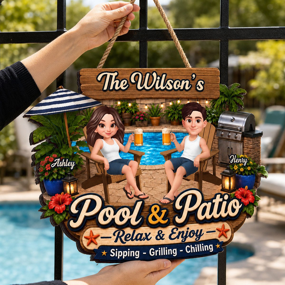 Welcome To Our Pool & Patio - Personalized Wood Sign - Gift For Couple, Summer Outdoor Patio Pool Decoration