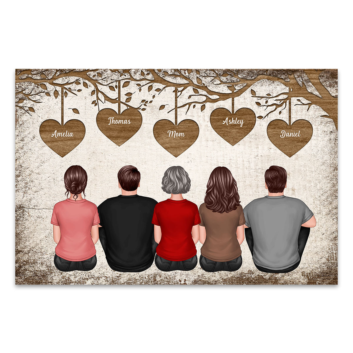 Back View Mom And Daughters Sons Sitting Under Heart Tree Personalized Horizontal Poster
