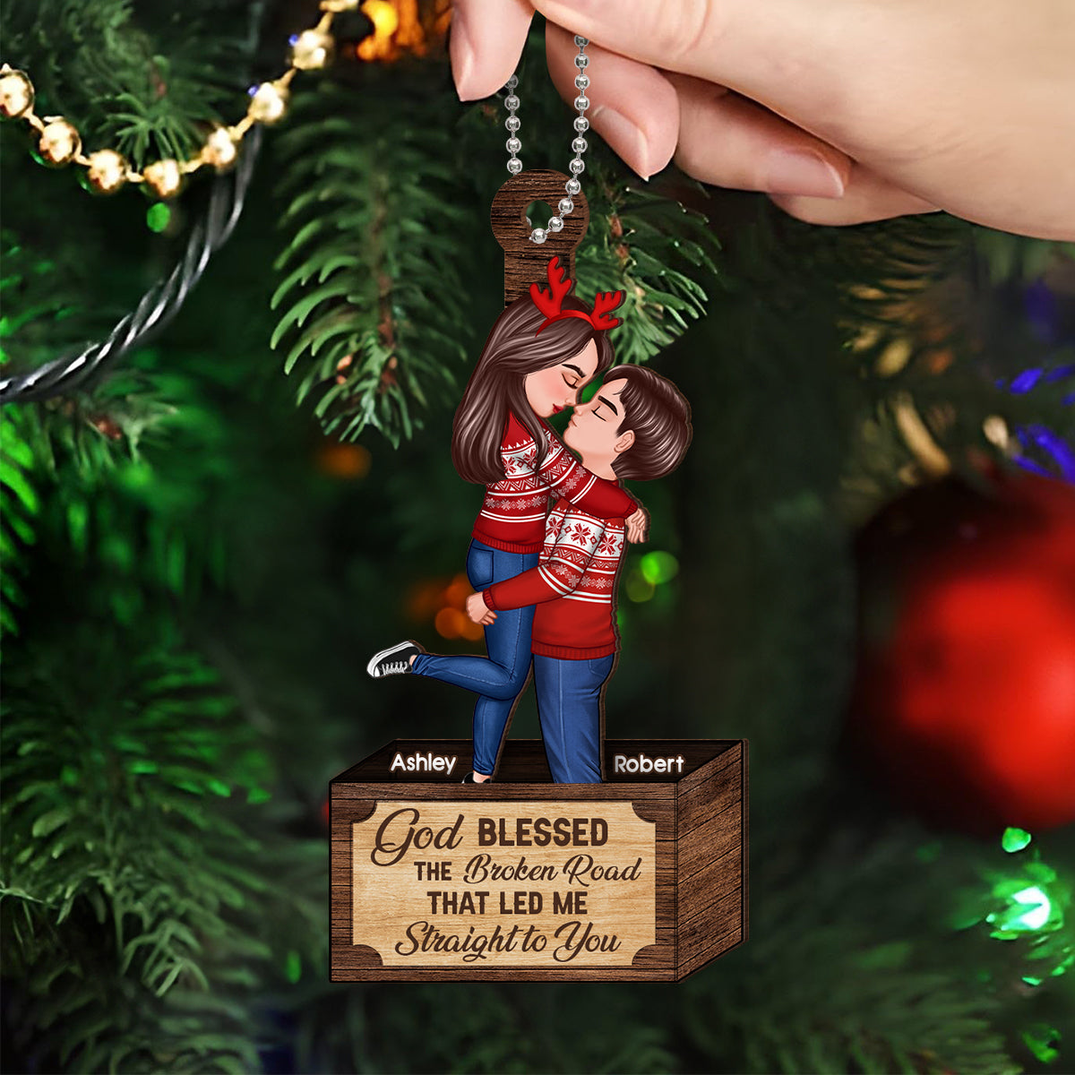 Christmas Couple Hugging Kissing In Box Personalized 2-Layer Wooden Ornament