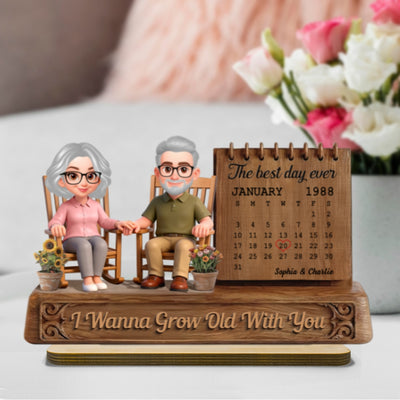 3D Effect Old Couple Sitting On Rocking Chair Anniversary Date Calendar - Personalized 2-Layered Wooden Plaque