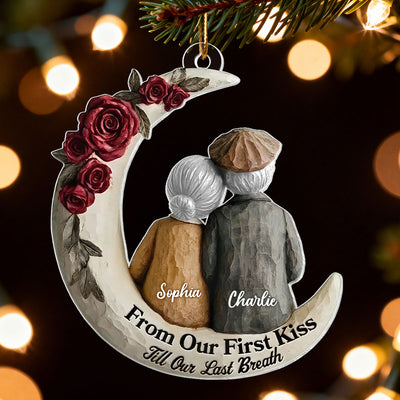 Couple On The Moon Faux Wood - Personalized Acrylic Ornament - Heartwarming Christmas Gift For Him, For Her, For Couple